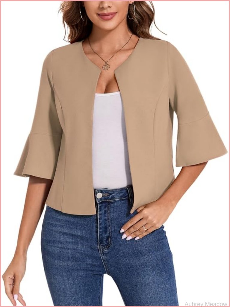 Women Cropped Open Front Blazer Flared 3/4 Sleeve Casual Work Jacket